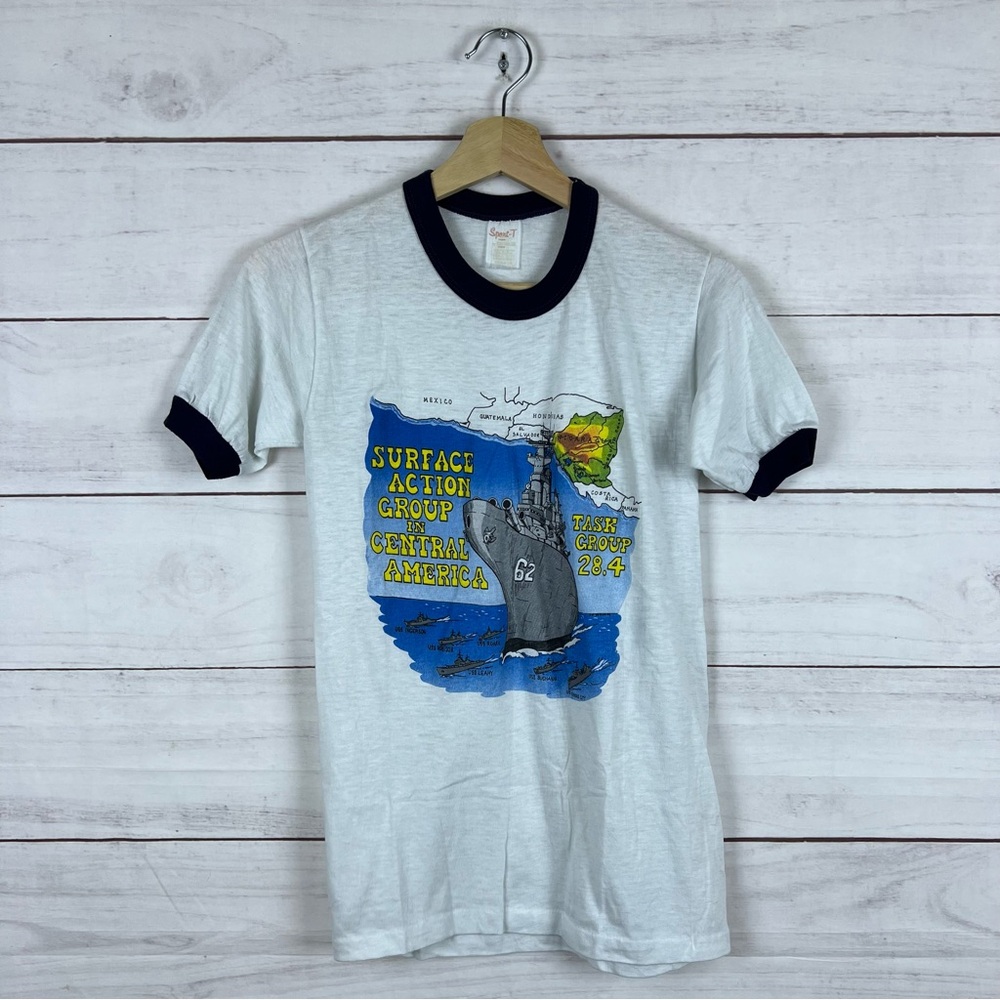 Vintage 80s US Navy Surface Action Group Ringer T-Shirt XS - Picture 1 of 4